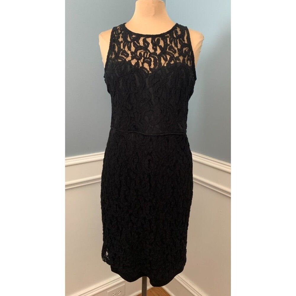 Marina Dress Womens 14 Sleeveless Black Lace Overlay Sheath Tank Keyhole Midi